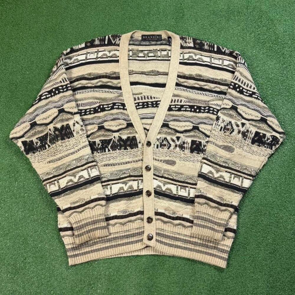 Brandini 3D Knit Cardigan Coogi Style Sweater Large Vintage White Brown